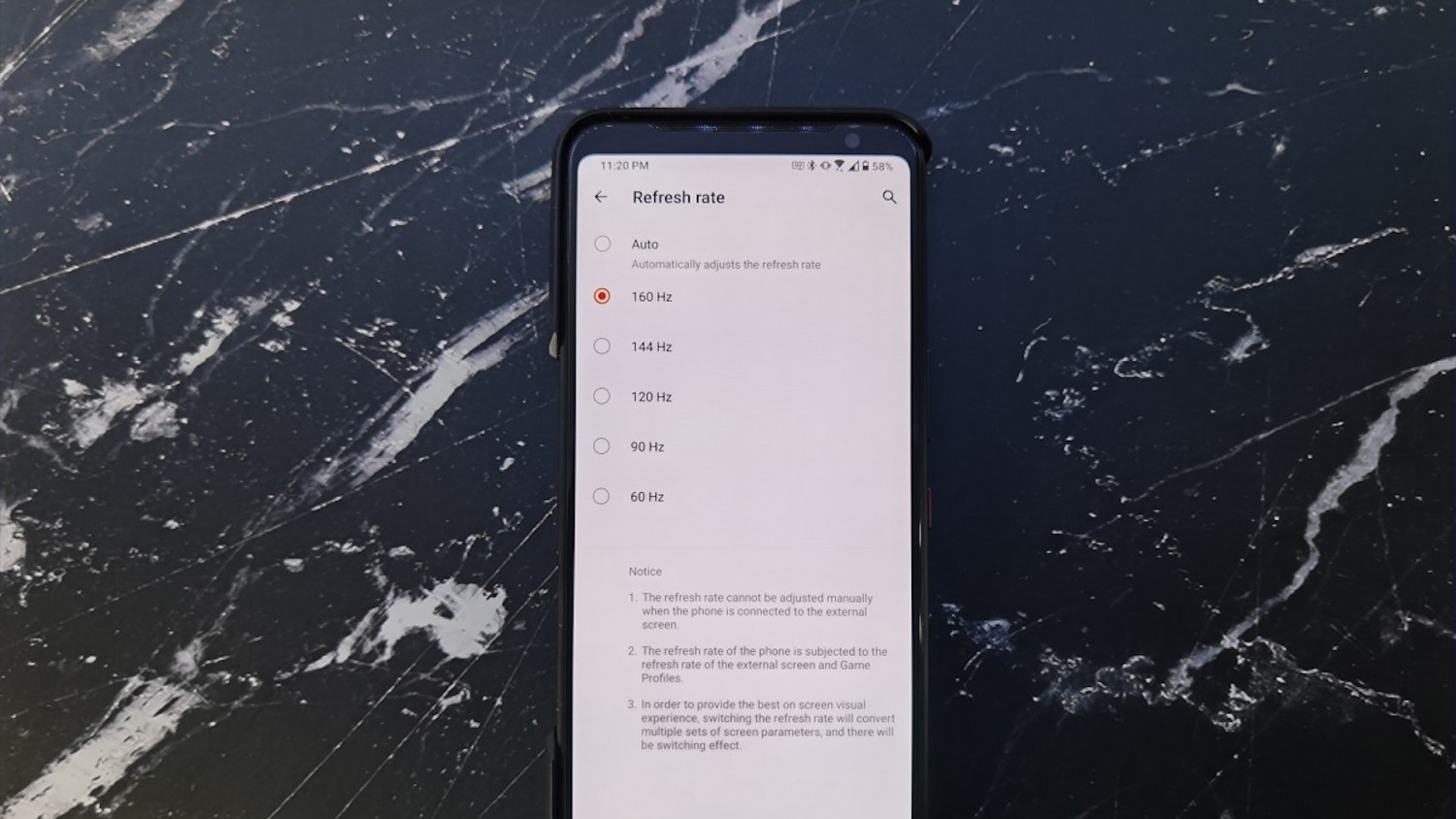 Asus ROG Phone 3 имеет скрытый режим работы экрана в 160 Гц